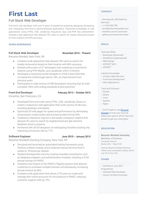 Full Stack Web Developer Resume Examples For 2025 Resume Worded