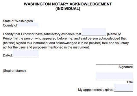 Free Washington Notary Acknowledgement Individual Pdf Word