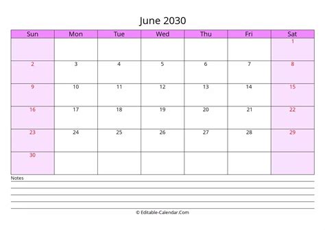 Download Free Editable Calendar June 2030 With Notes Weeks Start On Sunday