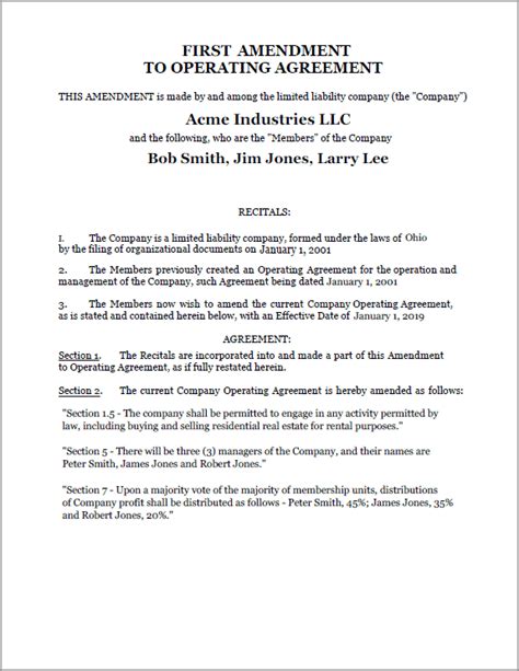 Amendment To Llc Operating Agreement Template