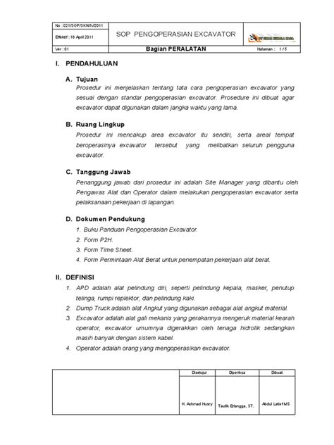 Sop Pengoperasian Excavator Pdf