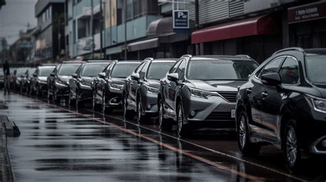 Several Parked Cars Are Lined Up On A Rainy Street Background, Cars ...