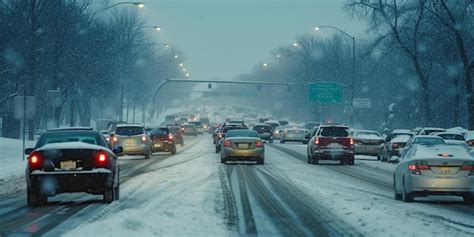 Premium Photo | A bunch of cars that are on a snowy road