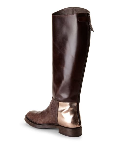 Brunello Cucinell Dark Brown Mixed Leather Riding Boots In Brown Dark