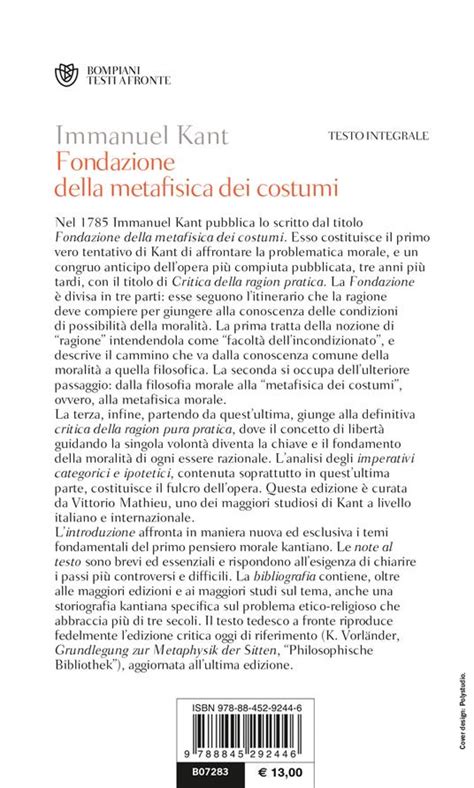 Fondazione Della Metafisica Dei Costumi Immanuel Kant Libro