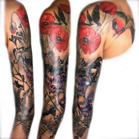 Flower And Bird Sleeve Tattoos For Women Flower Tattoo Sleeve Nature