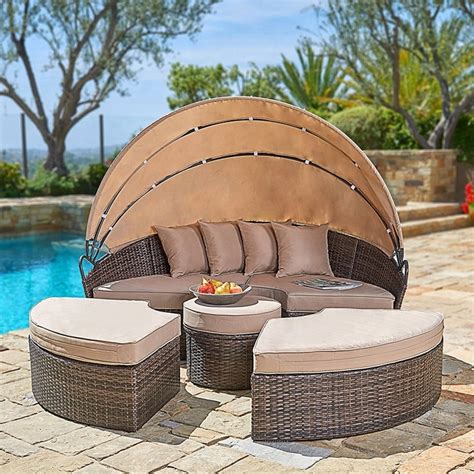 Hot Sales Daybed with Canopy Sun Bed Lounger Rattan Set with Pillows for Outdoor Garden - China ...