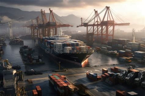 Massive Cargo Ship Surrounded By Containers At A Busy Port Stock