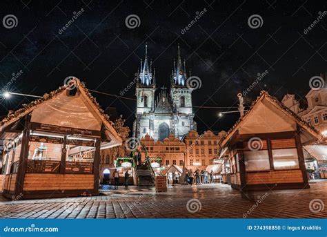 Prague Old Town Square at Night with a Market in the Cener of the City Editorial Image - Image ...