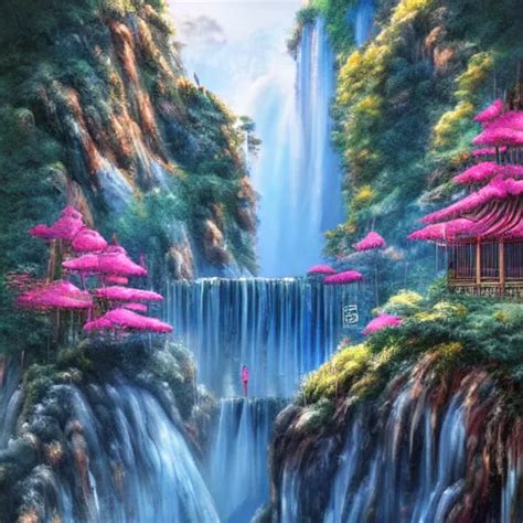 Dreamy Chinese Town High Waterfalls Paradise Stable Diffusion