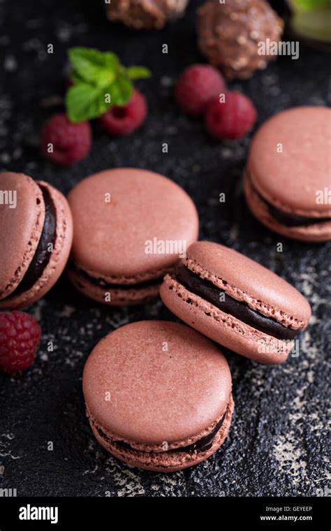 Chocolate And Raspberry French Macarons With Ganache Filling Stock