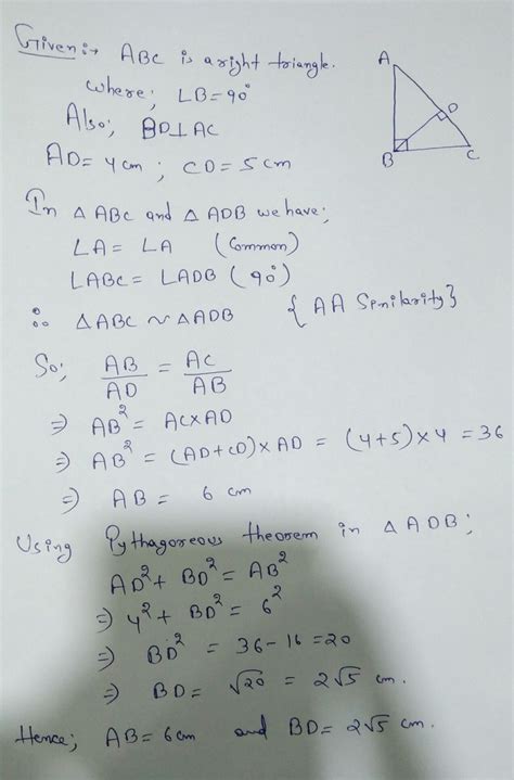 If Abc Is A Triangle Right Angled At B And Bd Perpendicular To Ac If Ad 4cm And Cd 5cm Find Bd