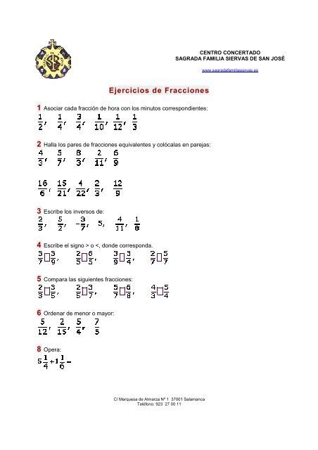 Matematicas Eso Ejercicos De Fracciones Colegio Sagrada