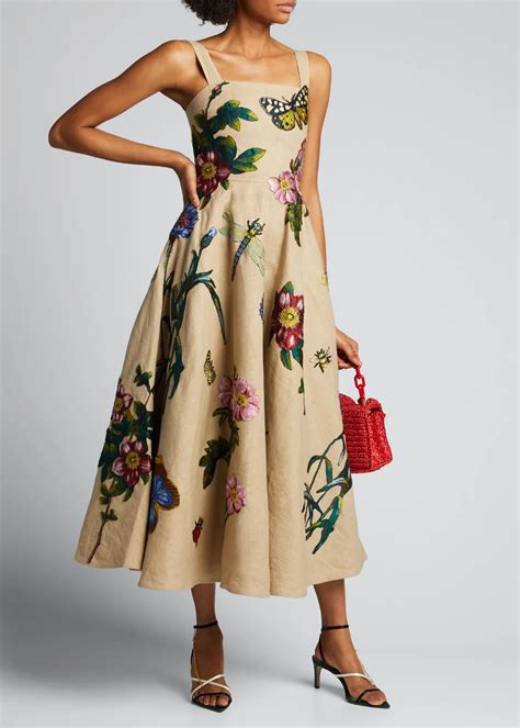 Oscar De La Renta Linen Midi Dress With Floral Applique Bergdorf