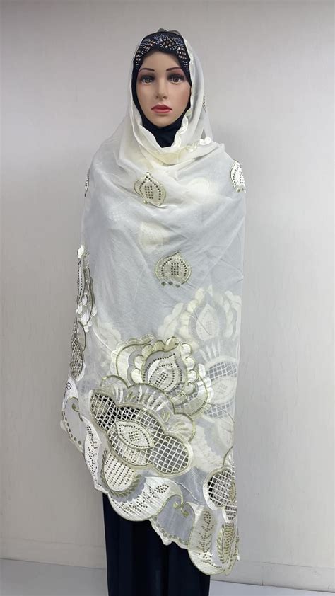 High Quality White African Cotton Embroidery Swiss Voile Shawl Luxury Big Hijab Scarf With