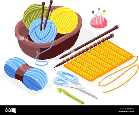 Hobby Crafts Isometric Background With Knitting Needles Scissors Piece