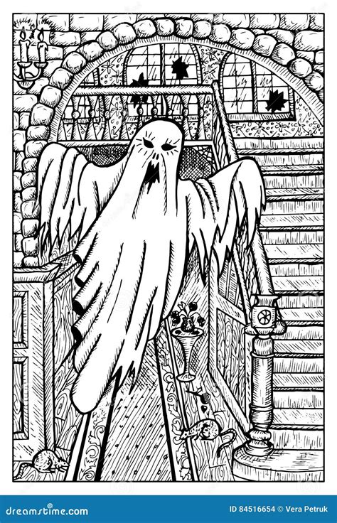 Scary Ghost In Haunted House Engraved Fantasy Illustration Stock