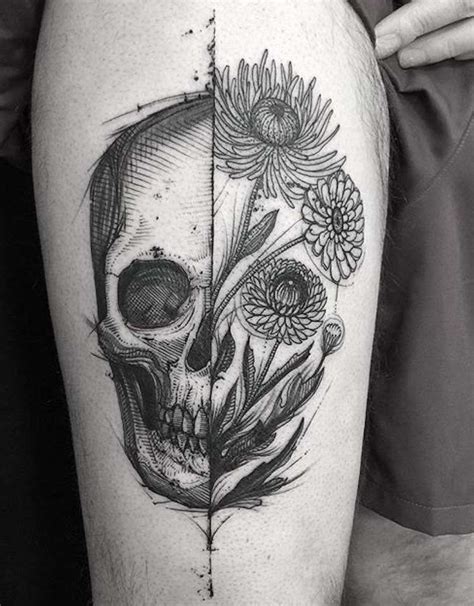 Tatouage T Te De Mort Fleurs Artistique Blackwork Home Tattoo Tattoo