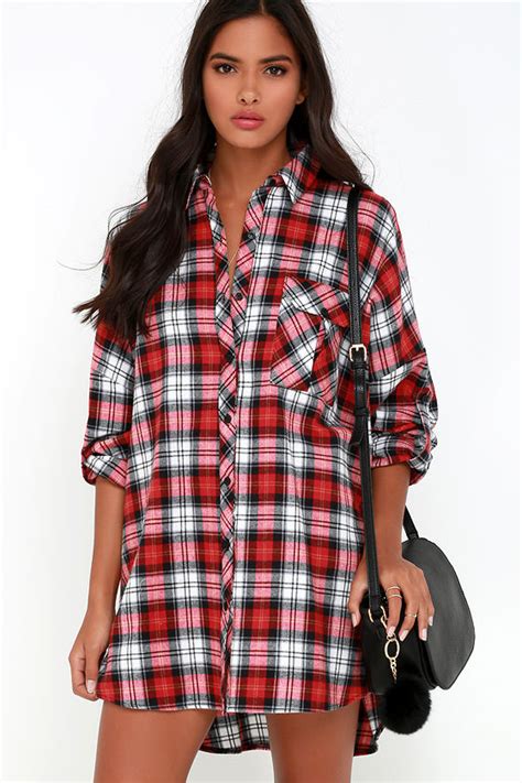 Cute Flannel Dress Red Plaid Dress Shirt Dress Long Sleeve Dress 5200 Lulus