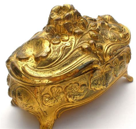 Art Nouveau Gold Jewelry Casket Box With Raised Flowers Antique Blue