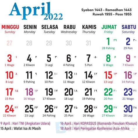 Kalender April 2022 Kalender Nasional Dan Jawa Uncut Media