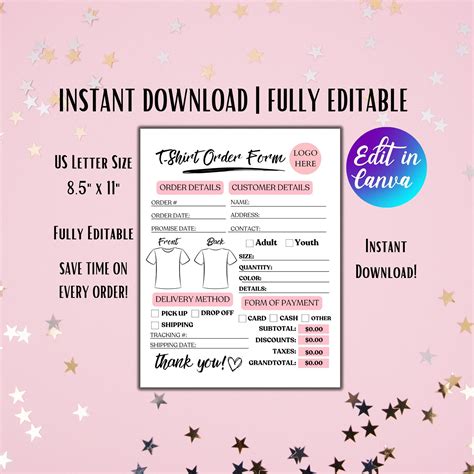 Editable T Shirt Order Forms Custom Shirt Order Form Canva Template For Small Business Printable