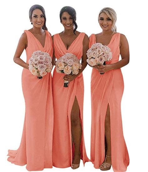 Split Bridesmaid Dresses Long V Neck Chiffon Pleated Formal Prom Gowns