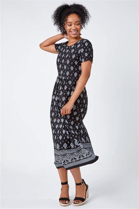 Black Petite Border Print Stretch Midi Dress Roman UK