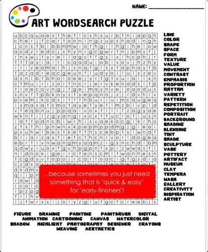 Art Word Search Puzzle Art Vocabulary Words Early Finisher Activity