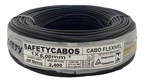 Cabo Elétrico 6mm Preto Rolo 50m Fio Flexível Residencial Frete grátis