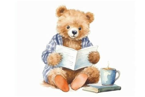 Watercolor Teddy Bear Reading A Book Graphic By Actart Designs