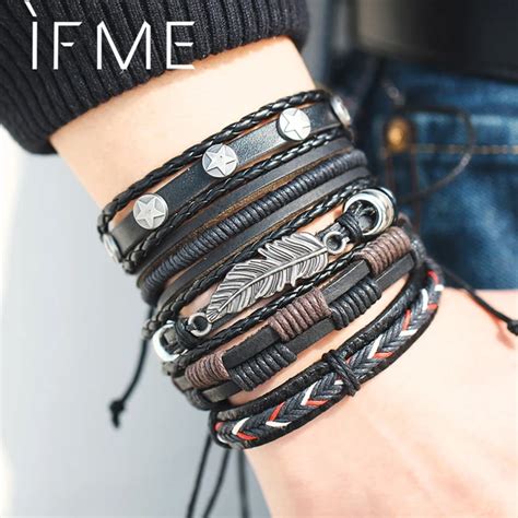 If Me Vintage Leaf Feather Multilayer Leather Bracelet Men Fashion