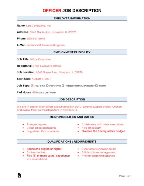 Free Officer Job Description Template Sample PDF Word EForms