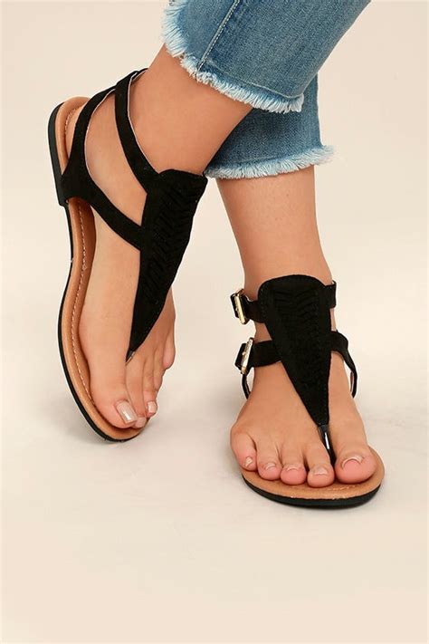 Cute Black Sandals Vegan Suede Sandals Black Thong Sandals 1900