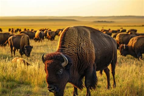 Herd Of Bisons Grazing In The Prairies Stock Illustration