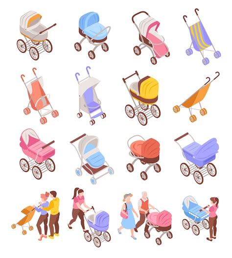 Free Vector Isometric Baby Carriage Icons Set With Parents Pushing