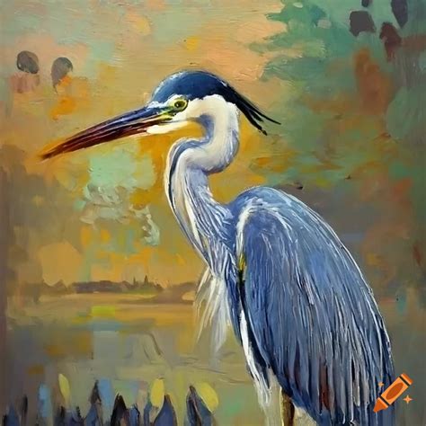 Impressionist Painting Of A Heron Near A Pond On Craiyon