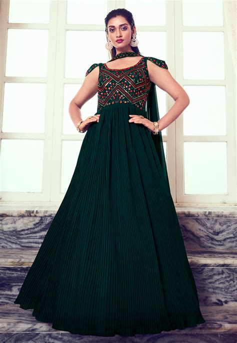 Green Georgette Readymade Long Anarkali Suit