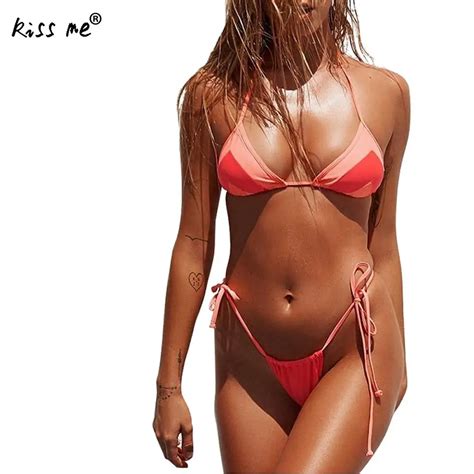 Drawstring Bikini Set Padded Striped Swimsuit Women Lady Stretchable