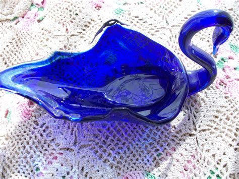 Cobalt Blue Glass Swan Candy Dish