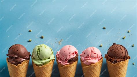 Premium Ai Image Various Ice Cream Scoops In Cones With Copy Space