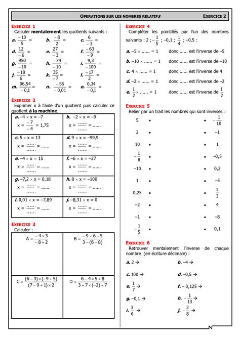 Op Rations Sur Les Nombres Relatifs Re Ann E Coll Ge Biof Dyrassa