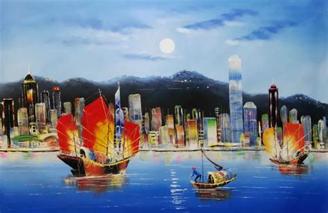 Hand Painted Modern Canvas Oil Painting Hong Kong City Night Landscape