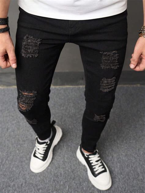 Manfinity LEGND Men Ripped Skinny Jeans Slim Fit Long Frayed Jean Cargo