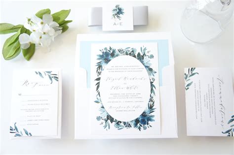 Blue Watercolor Floral Wedding Invitation, Blue Floral Wedding Invitat – KraftWeddingPapers