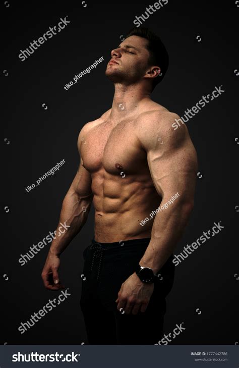 Aesthetic Muscular Man Shirtless Concentration On Stock Photo ...