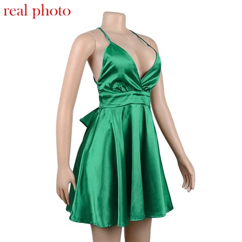 Fashion Bluesatin Backless Sleeveless Party Night Club Wrap Mini Dresses Spaghetti Straps