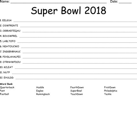 Super Bowl 2018 Word Scramble Wordmint