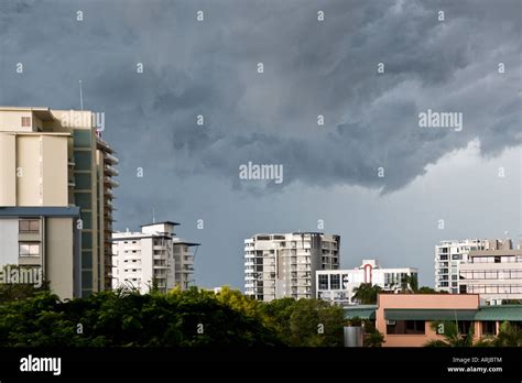 Dark Clouds Over City Skyline Stock Photo Alamy