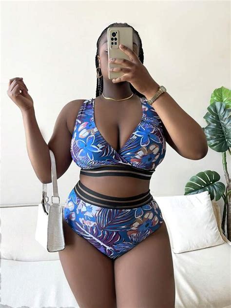 Plus Tropical Print Contrast Mesh Bikini Swimsuit Shein Usa